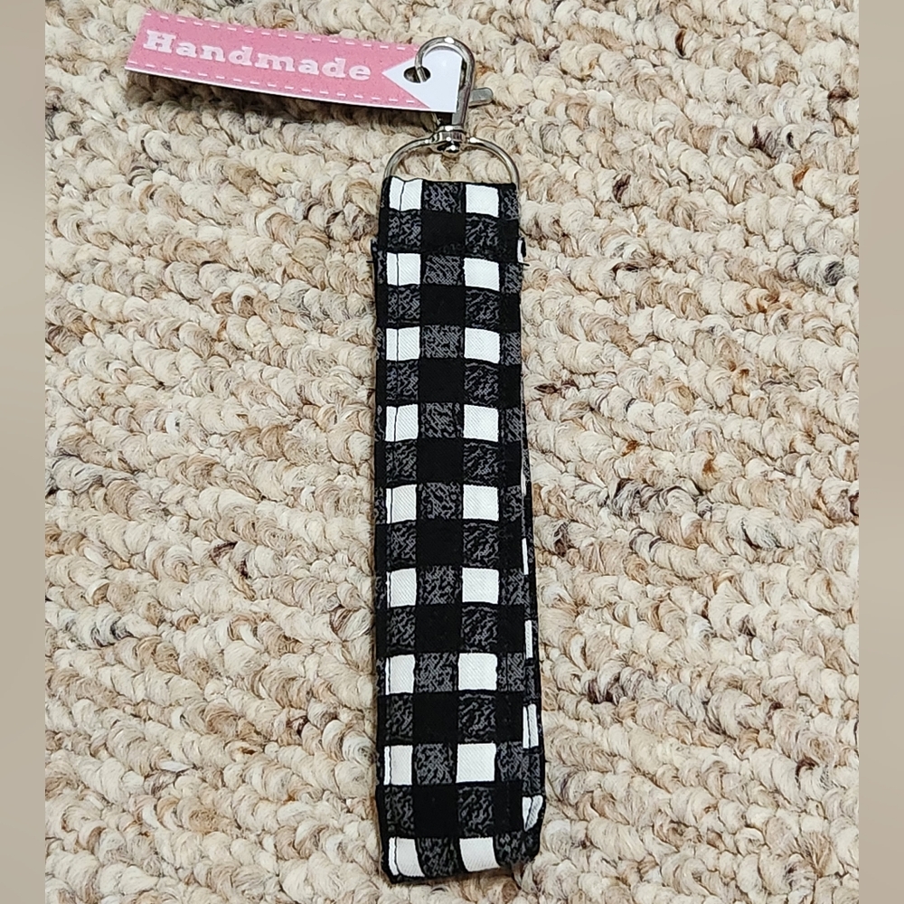 Handmade Black and White Plaid Key Fob